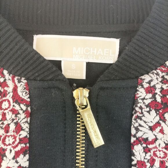 Michaels Kors Womens Paisley Bomber Jacket Sz S Black Burgundy Red Gold Zip - Picture 3 of 7
